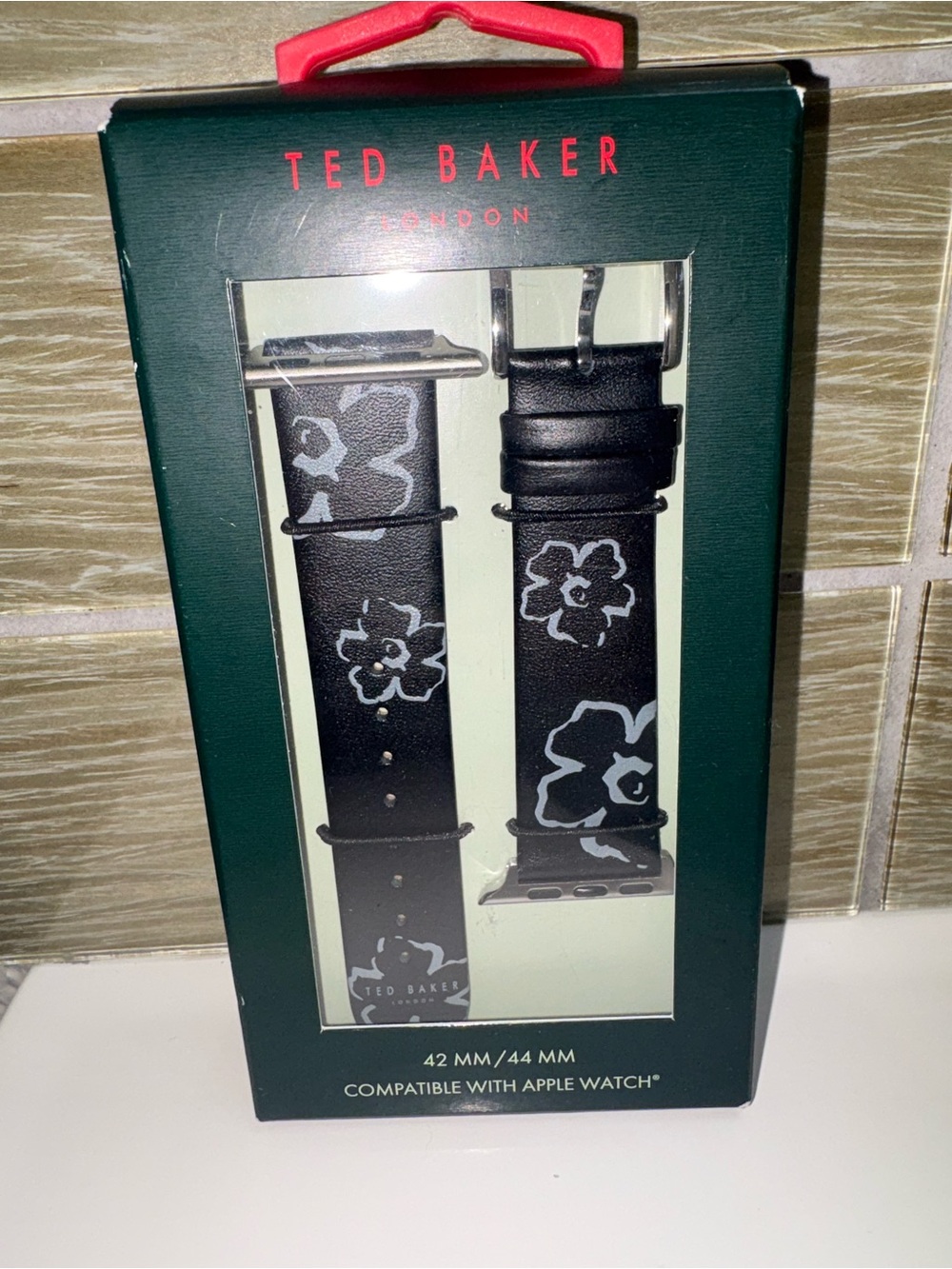 Ted Baker Black Leather Floral Apple Watch Band - 42/44mm